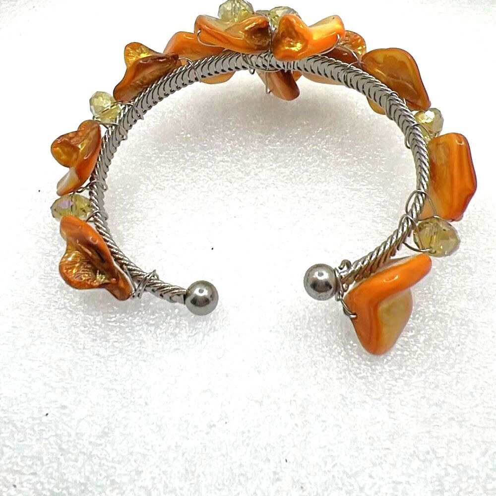 Vintage Abalone Cuff Bracelet With Yellow Dyed Shell Flower and Crystals - Picture 6 of 6